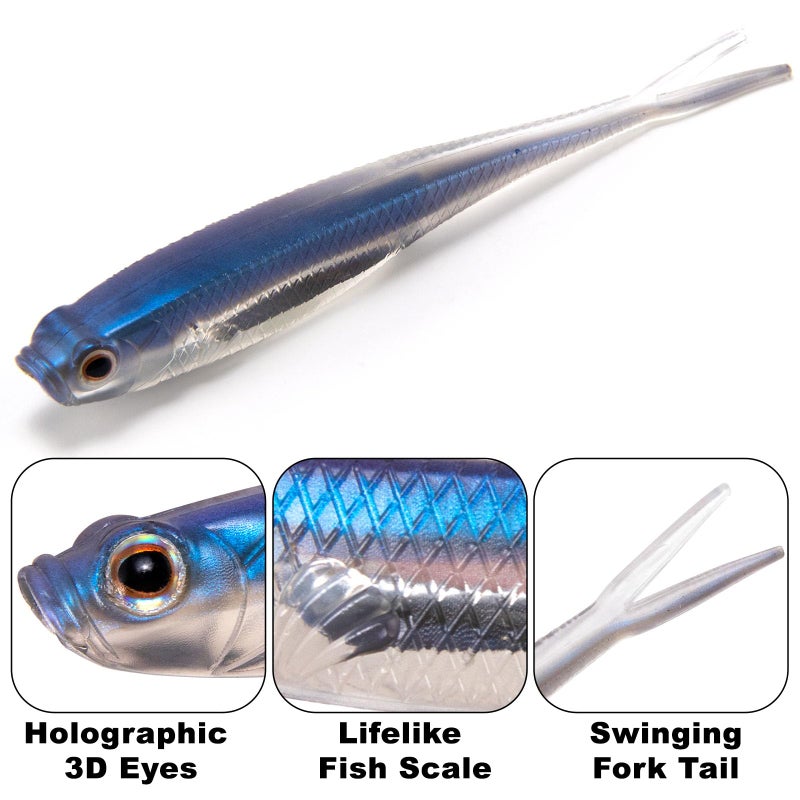 Dr.Fish Soft Plastic Baits Bass Fishing Lures Fork Tail Soft Jerkbait Drop Shot Bait Jerk Shad Minnow Swimbait Crappie Lures for Trout Pike Walleye Green 3'' - Image 3